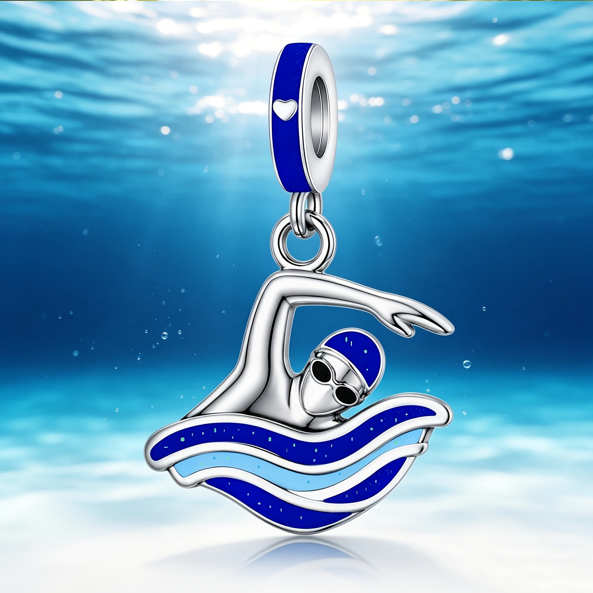 Silvery Plated Copper Swimmer Blue Enamel Wave Charms Pendant